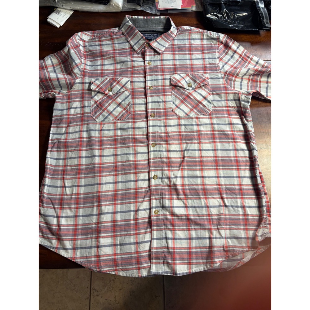 American Rag Mens XL Long Sleeve Button Down Plaid Shirt Red White Blue Cotton